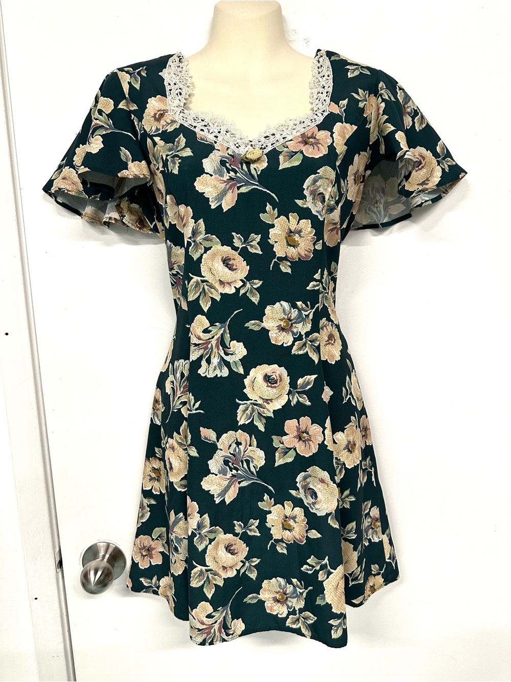 Vintage 90s Green Floral Rayon Mini Dress Lace Trim LaceUp Romantic Cottagecore